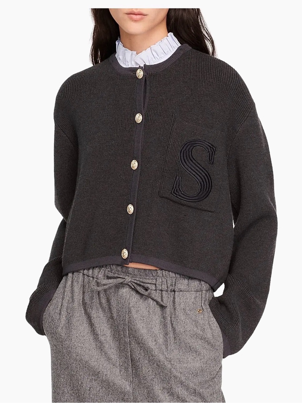 Sandro Dark Grey Embroidered 'S' Cardigan with Blue Ruffle Collar - Picture 3 of 5